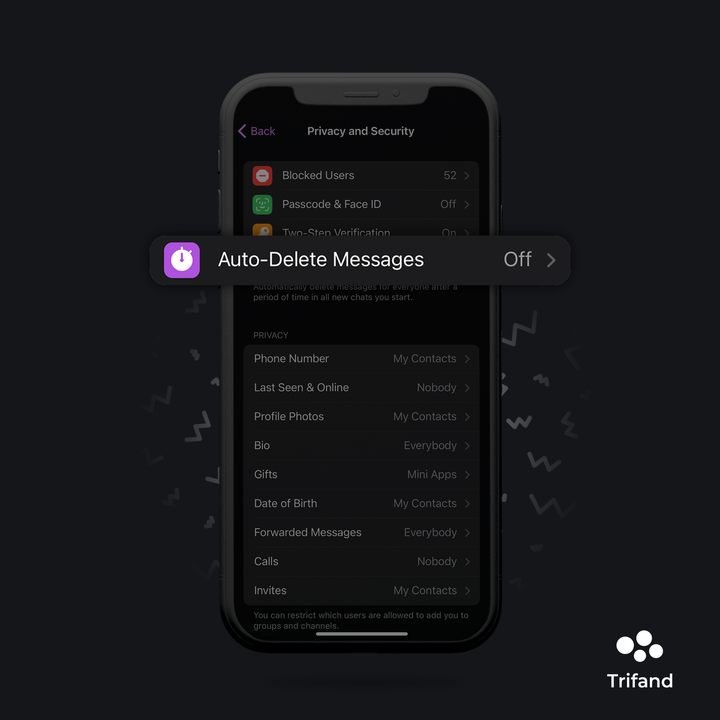 اسکرین‌شات از بخش Privacy and Security تلگرام