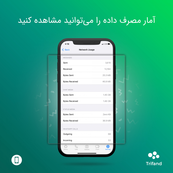 صفحه‌ی Network Usage در واتساپ